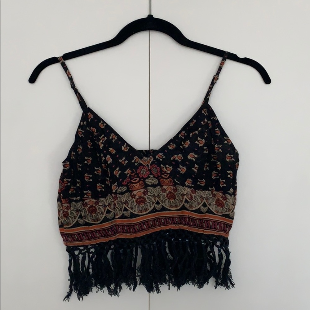 Black patterned fringe crop top